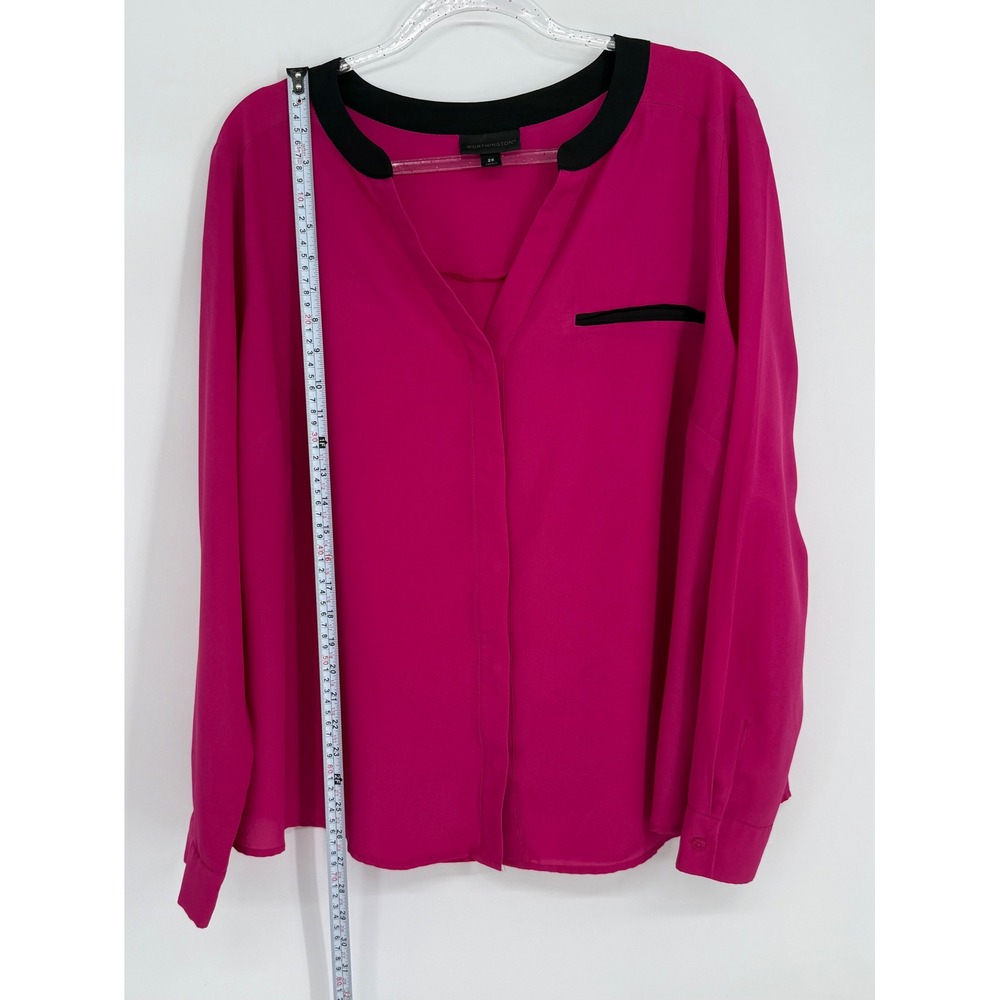 Worthington Magenta Pink Black Trim Split Neck Blouse Long Sleeve Plus Sz 2X - Picture 2 of 8